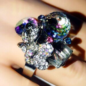 Floral AB Cluster Ring Vintage Large Rivoli Cube Ball Aurora Borealis Crystals